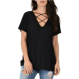 Criss Cross V-Neck Black Short Sleeve Top 3X By West Coast Love